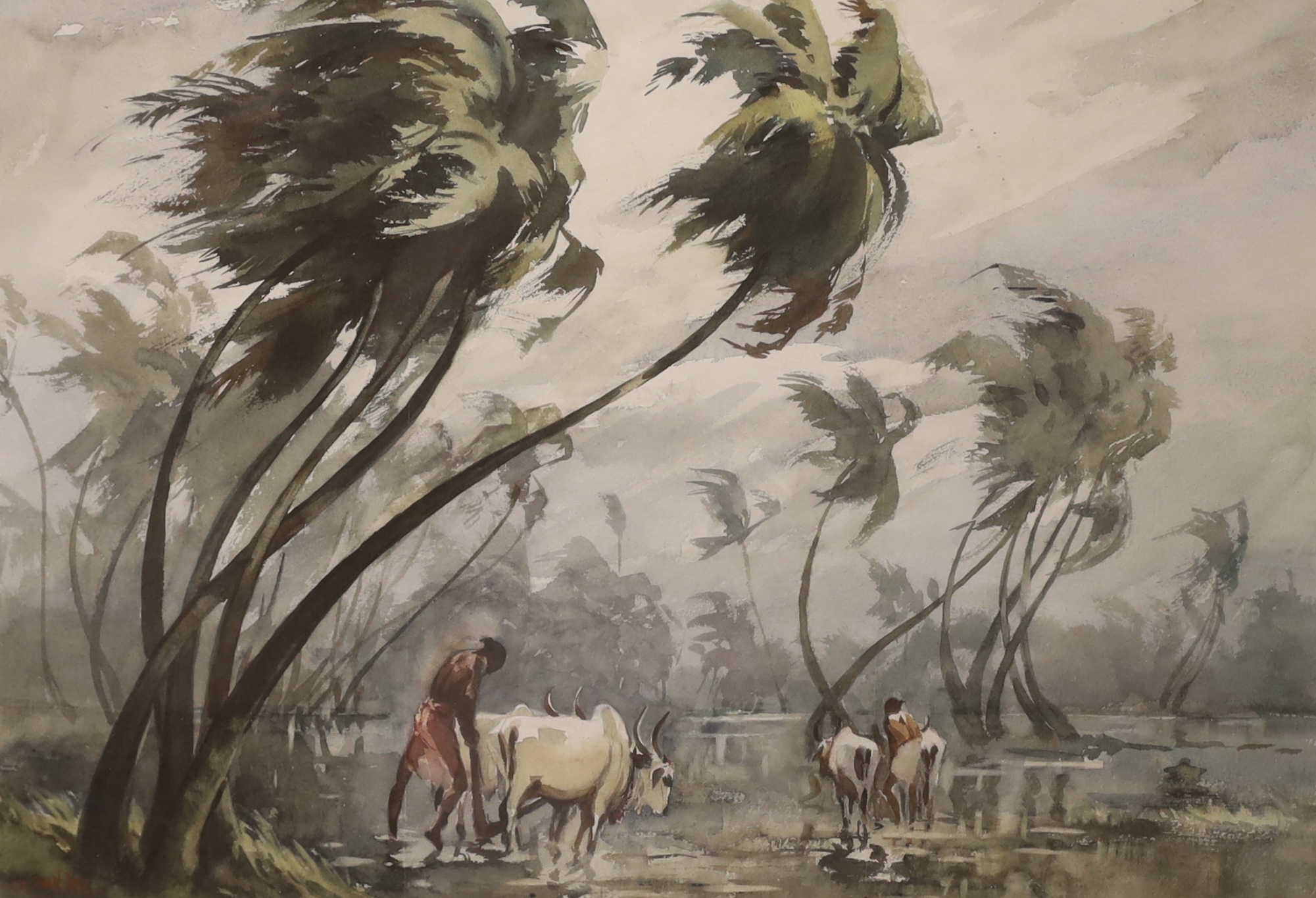 G.D. Paulraj (Indian, 1914-1989), watercolour, Buffalo drivers in a monsoon, signed, 36 x 51cm